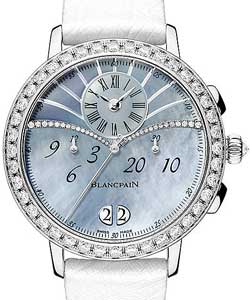 Leman Chronograph Flyback Grande Date 39mm Automatic in White Gold with Diamonds Bezel on White Ostrich Strap with Blue MOP Diamonds Dial