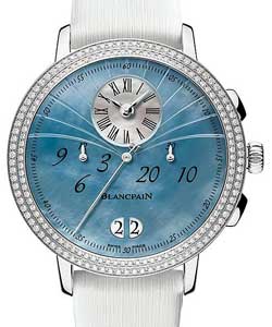 Chronograph Flyback Grande Date 39mm in White Gold with Diamonds Bezel on White Satin Strap with Dark Blue MOP Dial