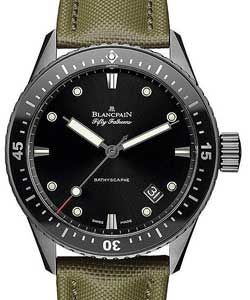 Fifty Fathoms Bathyscaphe 43mm Automatic in Titanium with Black Ceramic Bezel on Green Carbon Fiber NATO Fabric Strap with Black Dial