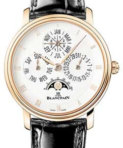 Villeret Perpetual Calendar Rose Gold on Black Leather Strap with Silver Dial