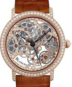 Villeret Squellette 8 Jours  38mm in Rose Gold with Diamonds Bezel on Brown Crocodile Leather Strap with Skeleton Diamond Dial
