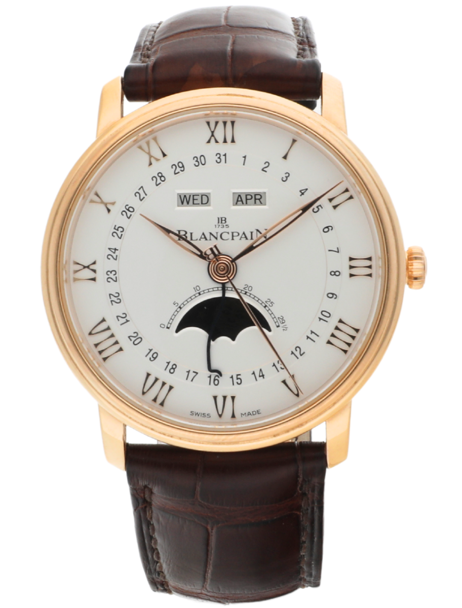 Villeret Complete Calendar 8 Jours 42mm Automatic in Rose Gold on Brown Crocodile Leather Strap with Silver Opaline Roman Dial