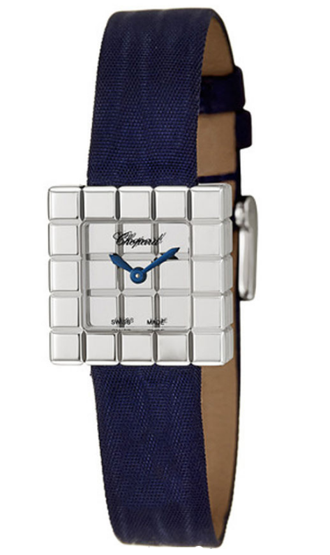 Ice Cube Ladies Quartz in White Gold On Blue Satin Strap with Silver Blued Hands Dial