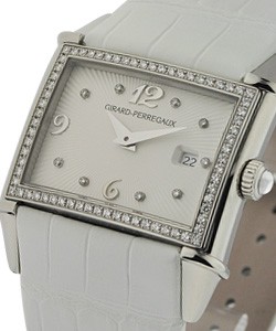 Vintage 1945 Ladies Quartz in Steel with Diamond Bezel On White Crocodile Strap - Silver Textured Diamond Dial