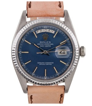 Vintage Day-Date President in White Gold on Peach Calfskin Leather Strap with Blue Dial