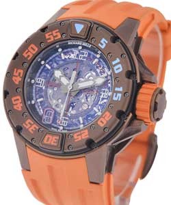 RM 028 in Brown Titanium with Orange Accents on Orange Rubber Strap with Skeleton Dial