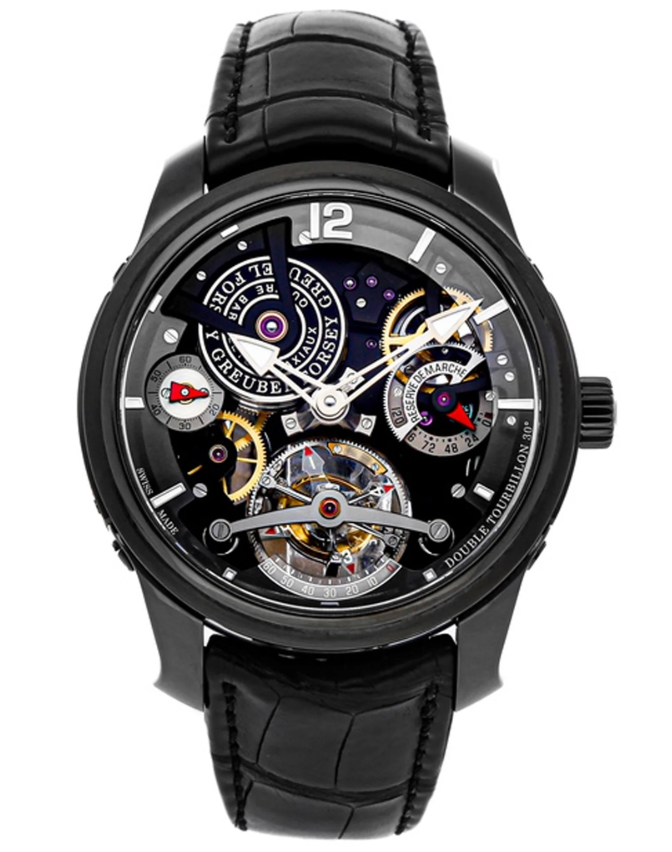 Double Tourbillon Technique in Black ADLC on Black Leather Strap with Black Dial