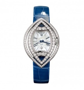 Extravaganza in White Gold With Diamond Bezel on Blue Leather Strap with Mother of Pearl Dial