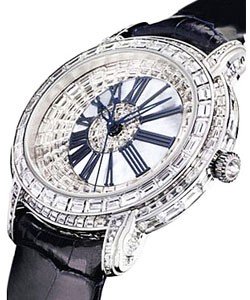 Lady's Millenary in White Gold with Baguette Diamonds Bezel on Black Alligator Leather Strap with MOP Pave Diamond Dial