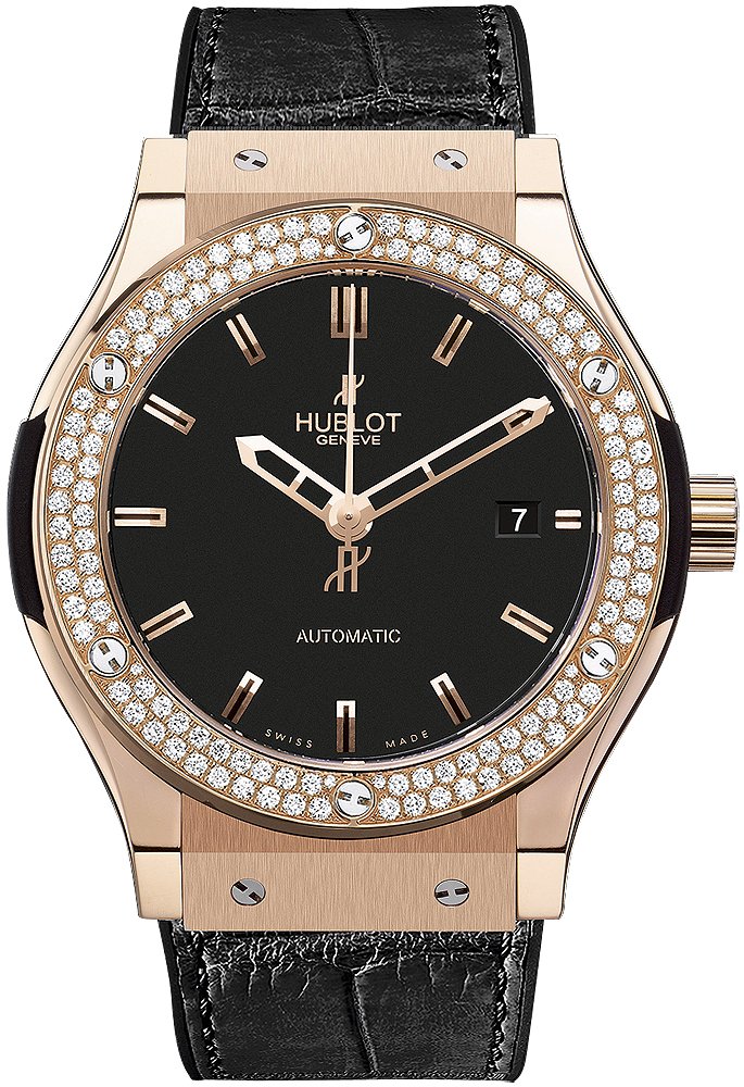 Classic Fusion  Automatic in Rose Gold with Diamond Bezel On Black Crocodile Strap with Mat Black Dial