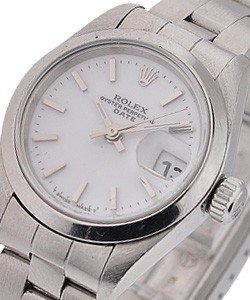 Ladys Date in Steel with Smooth Bezel on Oyster Steel Bracelet with White Stick Dial