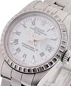 Lady''s Date in Steel with Engine Bezel on Steel Oyster Bracelet with White Roman Dial