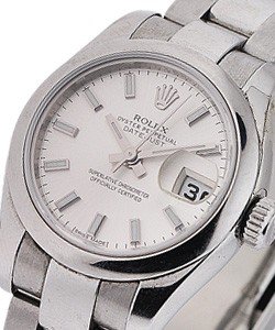 Lady's Datejust with Steel Smooth Bezel on Oyster Bracelet with White Stick Dial