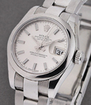 Lady's Datejust with Steel Smooth Bezel on Oyster Bracelet with White Stick Dial