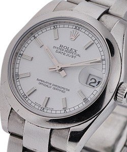 Mid Size Datejust 31mm in Steel with Smooth Bezel on Oyster Bracelet with White Stick Dial