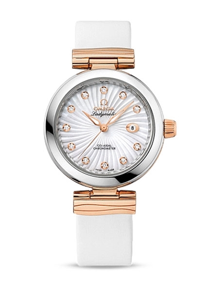 DeVille Ladymatic in Steel and Rose Gold On White Satin Strap with White MOP Diamond Dial