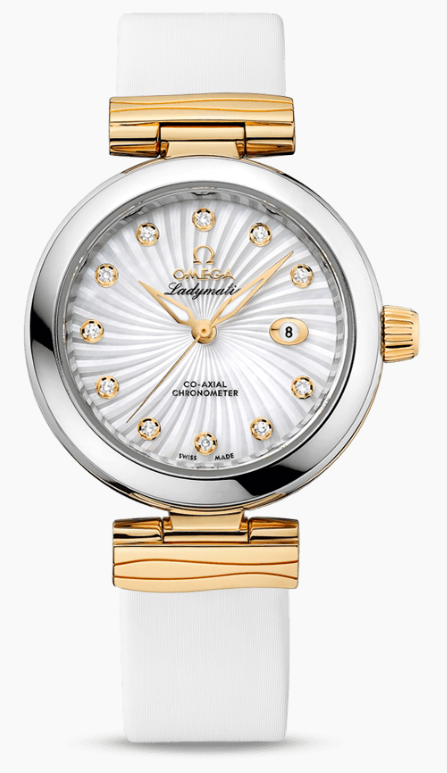 DeVille Ladymatic in Steel and Yellow Gold On White Satin Strap with White MOP Diamond Dial