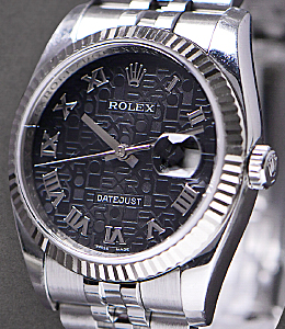 Datejust 36mm with White Gold Fluted Bezel on Jubilee Bracelet with Black Jubilee Roman Dial