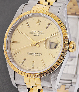 2-Tone Date 34mm with Yellow Gold Fluted Bezel on 2-Tone Jubilee Bracelet with Champagne Stick Dial