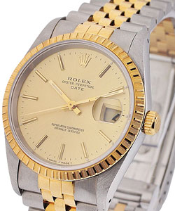 2-Tone Date 34mm with Yellow Gold Fluted Bezel on 2-Tone Jubilee Bracelet with Champagne Stick Dial