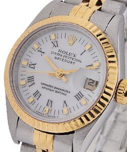Ladies 2-Tone Datejust in Steel with Yellow Gold Fluted Bezel on Steel and Yellow Gold Jubilee Bracelet with White Roman Dial
