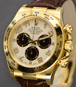 Daytona in Yellow Gold on Black Strap with White Arabic Dial