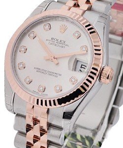 Mid Size Datejust - Steel with Rose Gold Fluted Bezel on Jubilee Bracelet with Silver Diamond Dial