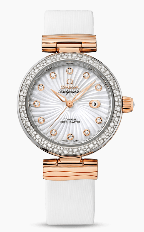 DeVille Ladymatic in 2-Tone with Diamond Bezel On White Satin Strap with White MOP Diamond Dial