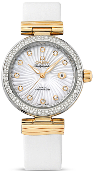 DeVille Ladymatic in 2-Tone with Diamond Bezel On White Satin Strap with White MOP Diamond Dial