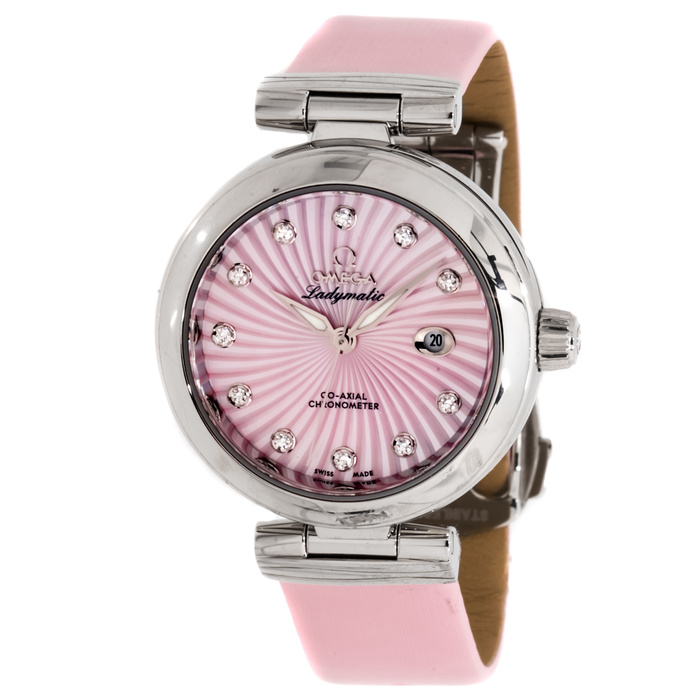 DeVille Ladymatic 34mm in Steel On Pink Satin Strap with Pink MOP Diamond Dial