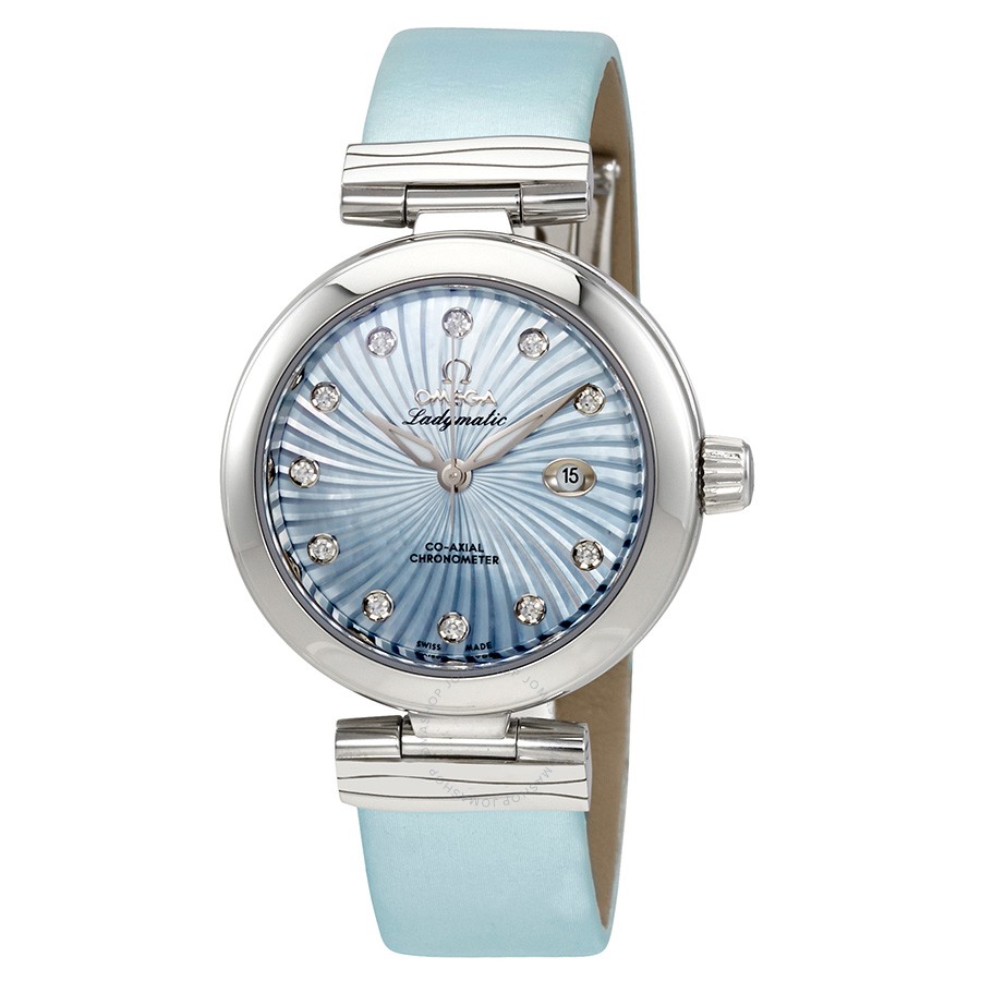 DeVille Ladymatic 34mm in Steel On Blue Satin Strap with Blue MOP Diamond Dial