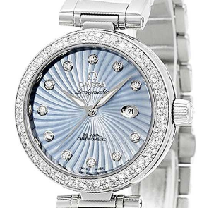 DeVille Ladymatic 34mm in Steel with Diamond Bezel on Steel Bracelet with Blue MOP Diamond Dial