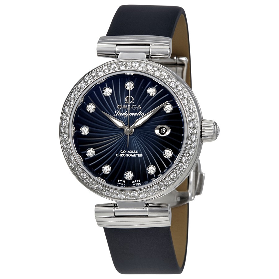 DeVille Ladymatic 34mm in Steel with Diamond Bezel on Black Satin Strap with Blue Diamond Dial