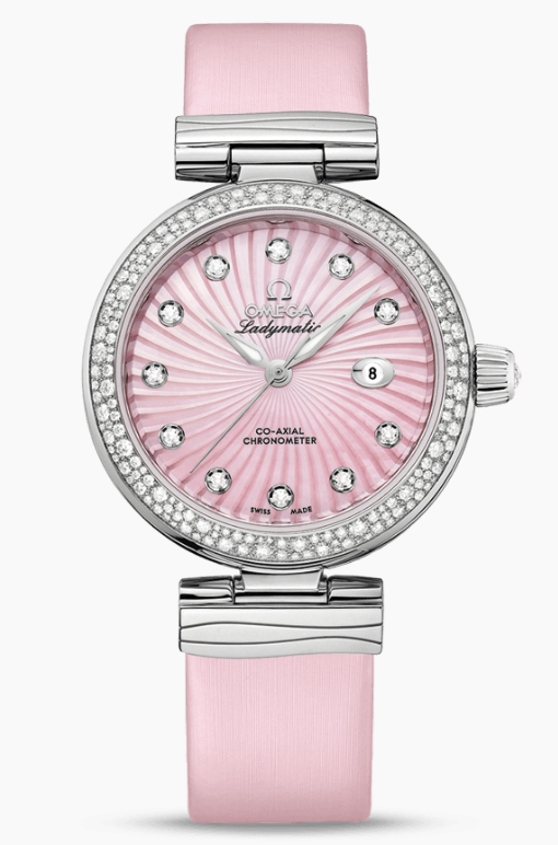 DeVille Ladymatic 34mm in Steel with Diamond Bezel on Pink Satin Strap with Pink MOP Diamond Dial