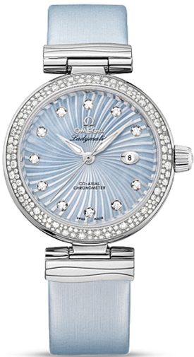 DeVille Ladymatic 34mm in Steel with Diamond Bezel on Blue Satin Strap with Blue MOP Diamond Dial