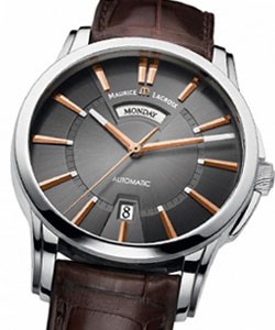 Pontos Day Date in Steel on Brown Leather Strap Black Gold Dial with Rose Gold-Plated Index Markers