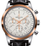 Transocean Chronograph Two Tone in Steel with Rose Gold Bezel on Black Alligator Leather Strap with Silver Dial