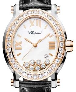 Happy Sport Oval - Men's Quartz in Steel with Rose Gold Diamond Bezel On Black Crocodile Strap with White Dial