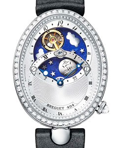 Queen of Naples in white Gold with Diamond Bezel on Black Strap with Silvered Gold Dial