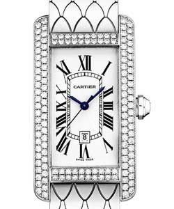 Tank Americaine with Diamond Bezel White Gold on Bracelet with Silver Dial