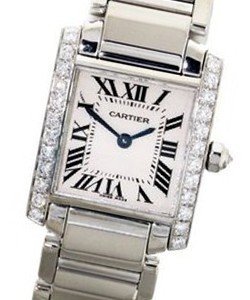 Tank Francaise in White Gold with Diamond Bezel on Bracelet with Silver Roman Dial