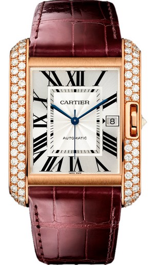 Tank Anglaise Large with Diamond Bezel in Rose Gold on Leather Strap with Silvered White Dial