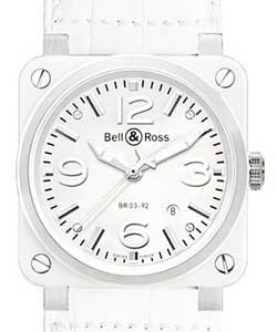 BR03-92 Aviation in Steel with White  Ceramic Bezel on White Leather Strap with White Mother Of Pearl Dial