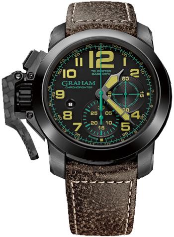 Chronofighter Oversize Automatic in Steel with Black Ceramic Bezel on Brown Bomber Jacket Leather Strap with Black and Yellow Marker Dial 