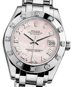 Masterpiece Mid Size 34mm in White Gold with 12 Diamond Bezel on White Gold Pearlmaster Bracelet with Pink Mother of Pearl Roman Dial