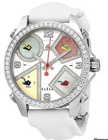Five time Zone Unizex Quartz in Steel - Diamond Bezel White Rubber Strap - MOP Enamel Diamond Dial