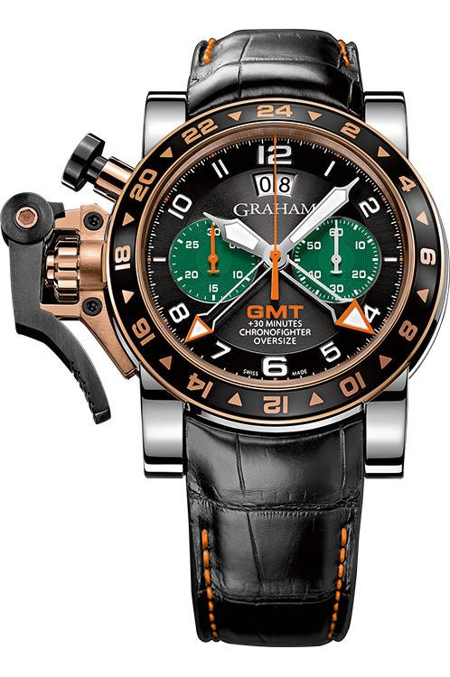 Chronofighter Oversize GMT Mens Automatic in Steel with Rose Gold Bezel on Black Leather Strap with Black and Green Subdials Dial