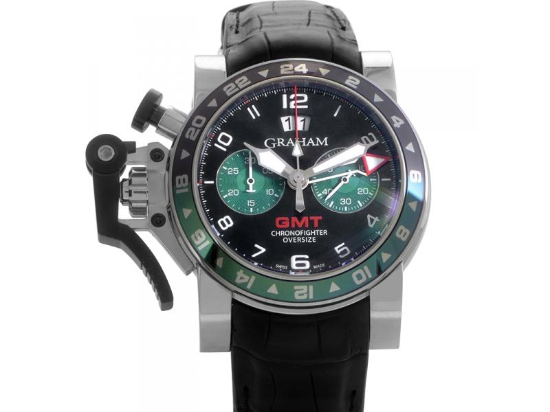 Oversize Chronofighter GMT Mens Automatic in Steel with Green Bezel On Black Leather Strap with Black and Green Subdials Dial