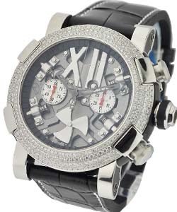 Steampunk Metal Chronograph in Steel with Diamond Bezel On Black Rubber Strap with Rhodium Colored Layered Dial