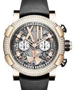 Steampunk  Chronograph in Rose Gold with Diamond Bezel on Black Rubber Strap with Grey/Gold Skeleton Dial